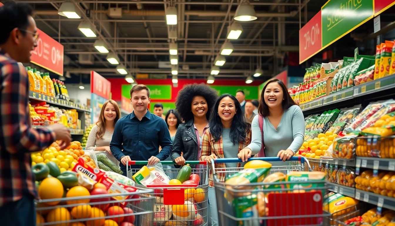 People actively enjoying shopping for Grocery Discounts in a vibrant grocery store.