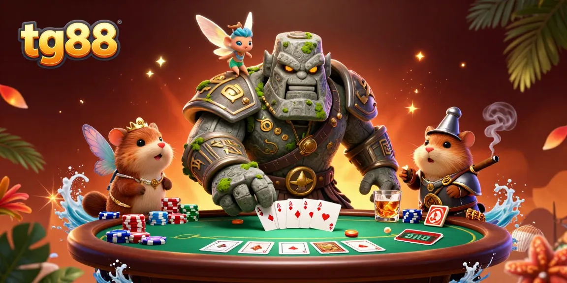 Experience the excitement of tg88 with a dynamic casino scene featuring poker elements and enchanting characters.