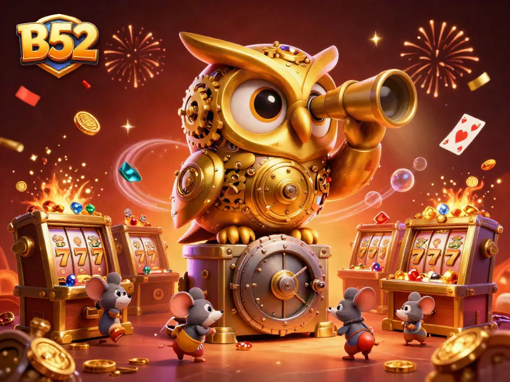 B52 players winning big at a vibrant casino with golden elements and charming characters.
