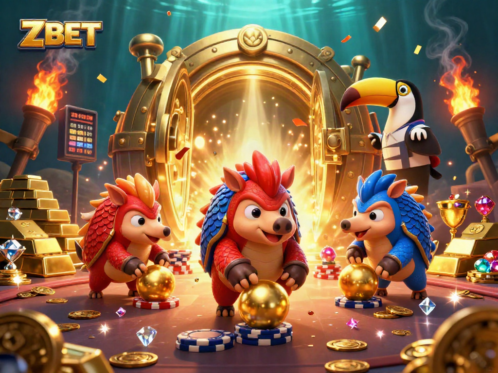 ZBET showcases rival pangolins in a dynamic casino duel, surrounded by sparkling treasures.