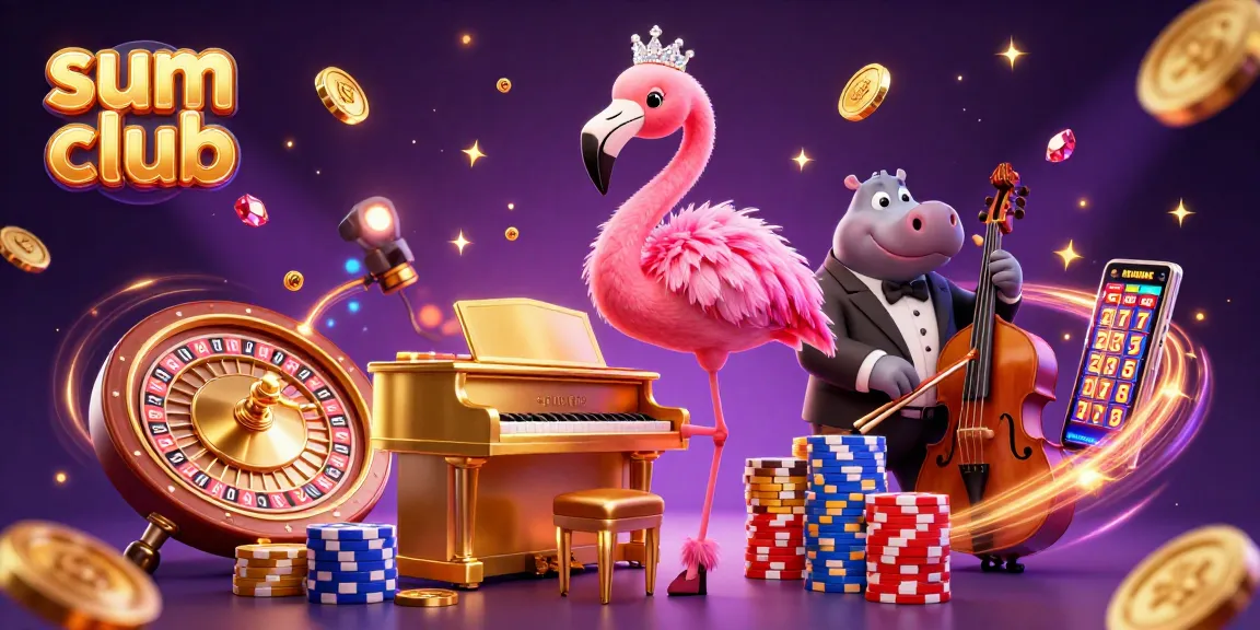 Experience excitement at the sum club with a vibrant casino scene showcasing a singing flamingo and hippo bassist.