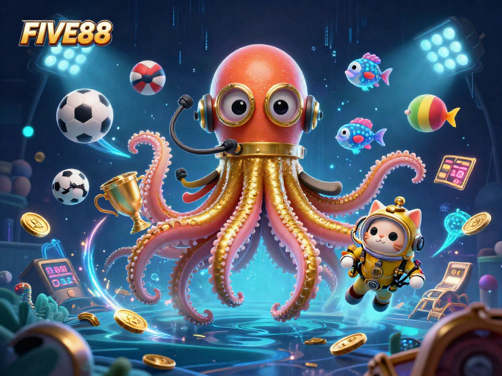 Engage in thrilling games at FIVE88, showcasing illuminated sports balls and a kraken in action.
