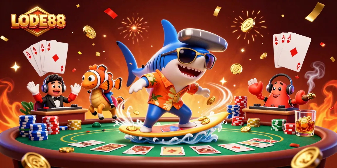 Experience the thrill at LODE88 with a vibrant casino adventure led by a shark and friends!