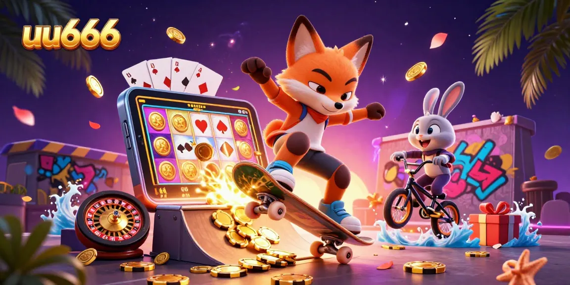 Experience thrilling gaming action with uu666 featuring a skateboarder fox and BMX rabbit in a vibrant casino scene.