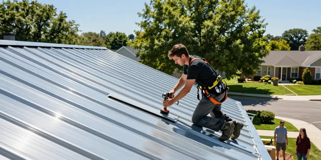Professional roofer installing MRoof metal roofing with quality tools in sunny neighborhood.