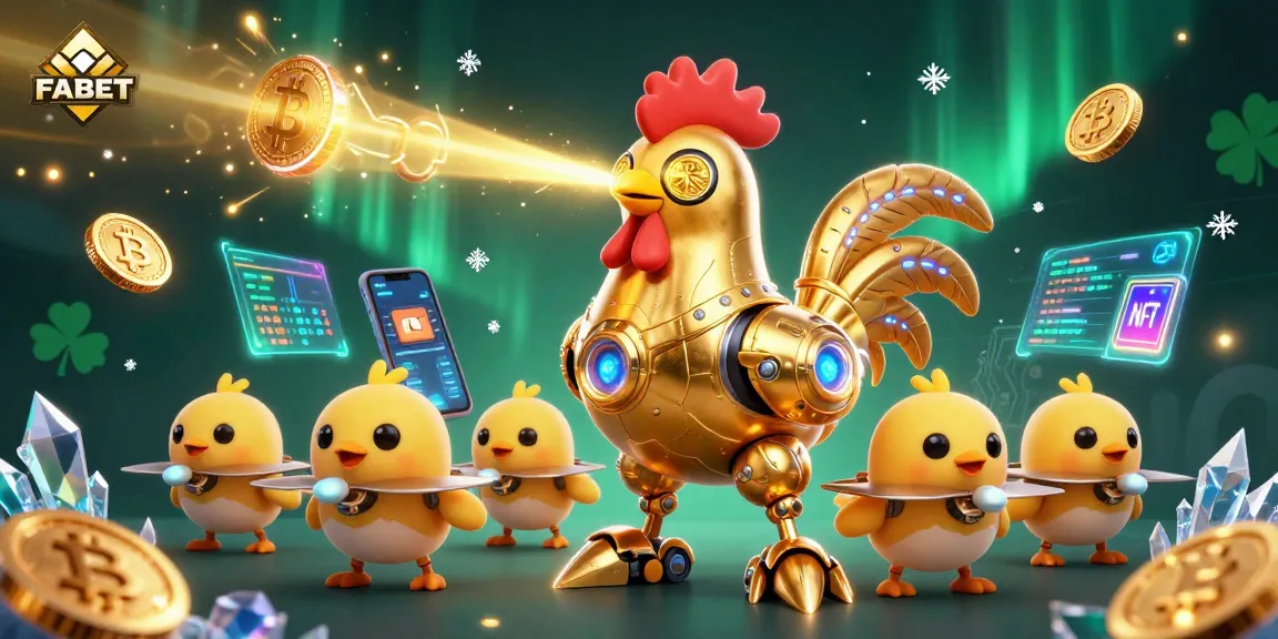 Engage with FABET's dynamic gaming world of crypto and casino adventures featuring vibrant robots and neon elements.