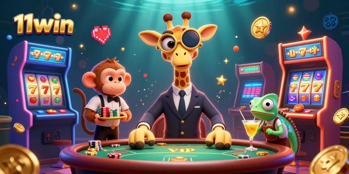 Experience excitement at 11win with a playful casino scene featuring unique characters and vibrant games.