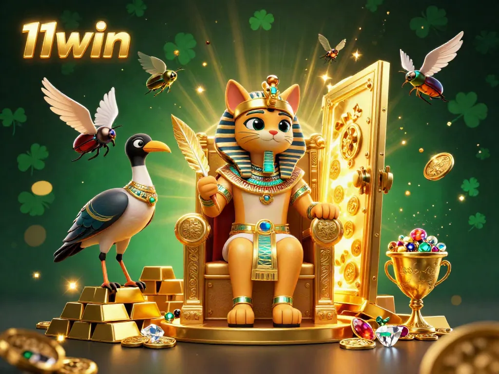 Unleash your luck at 11win with vibrant golden treasures and charismatic characters in this captivating casino scene.