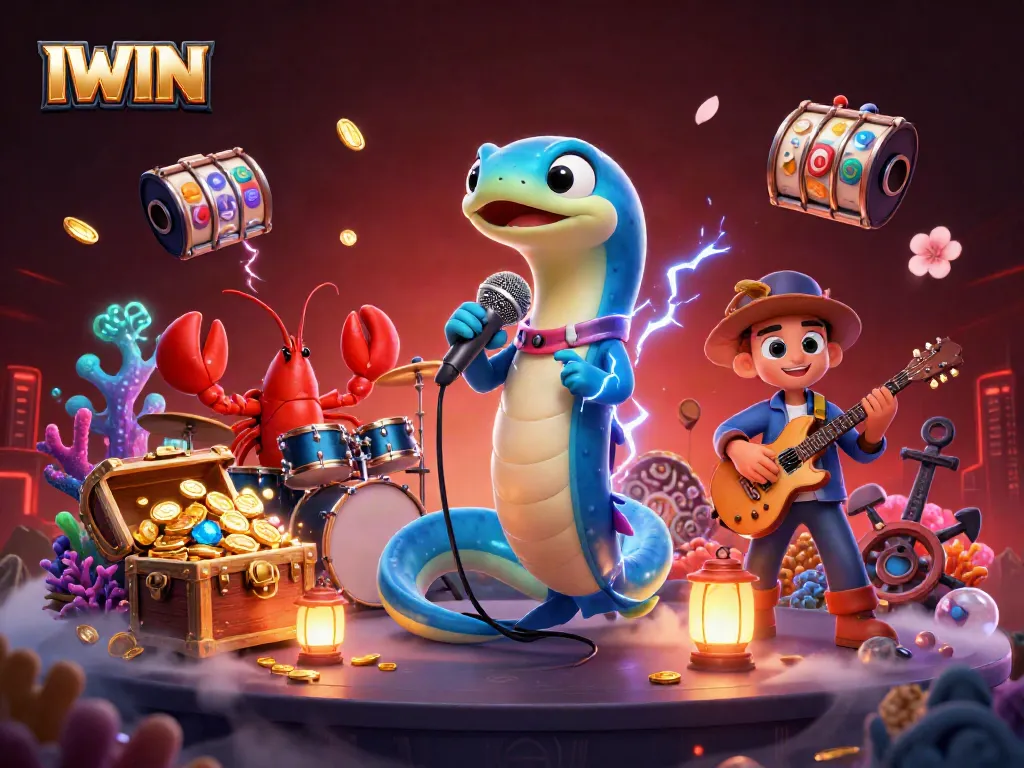 IWIN players enjoy a vibrant underwater casino scene featuring an electric eel DJ and treasure-filled excitement.
