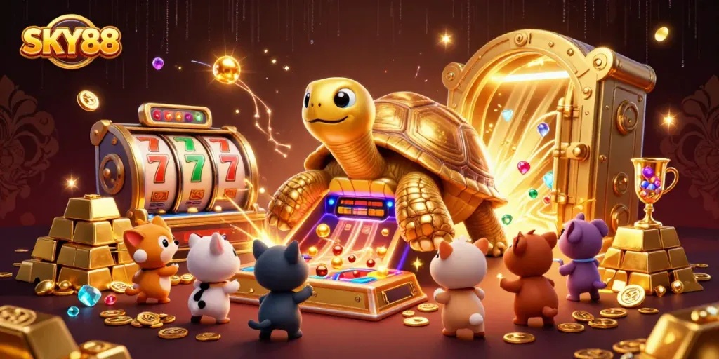 Experience thrilling gameplay at SKY88 with an exciting pinball-inspired scene featuring golden treasures and animated characters.