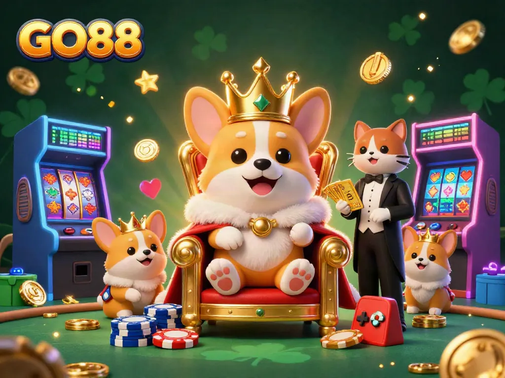 Engage with GO88's thrilling casino experience as a royal corgi reigns over a vibrant game scene.