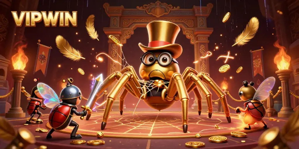 Experience winning with VIPWIN as a golden tarantula weaves its thread in a vibrant casino scene.
