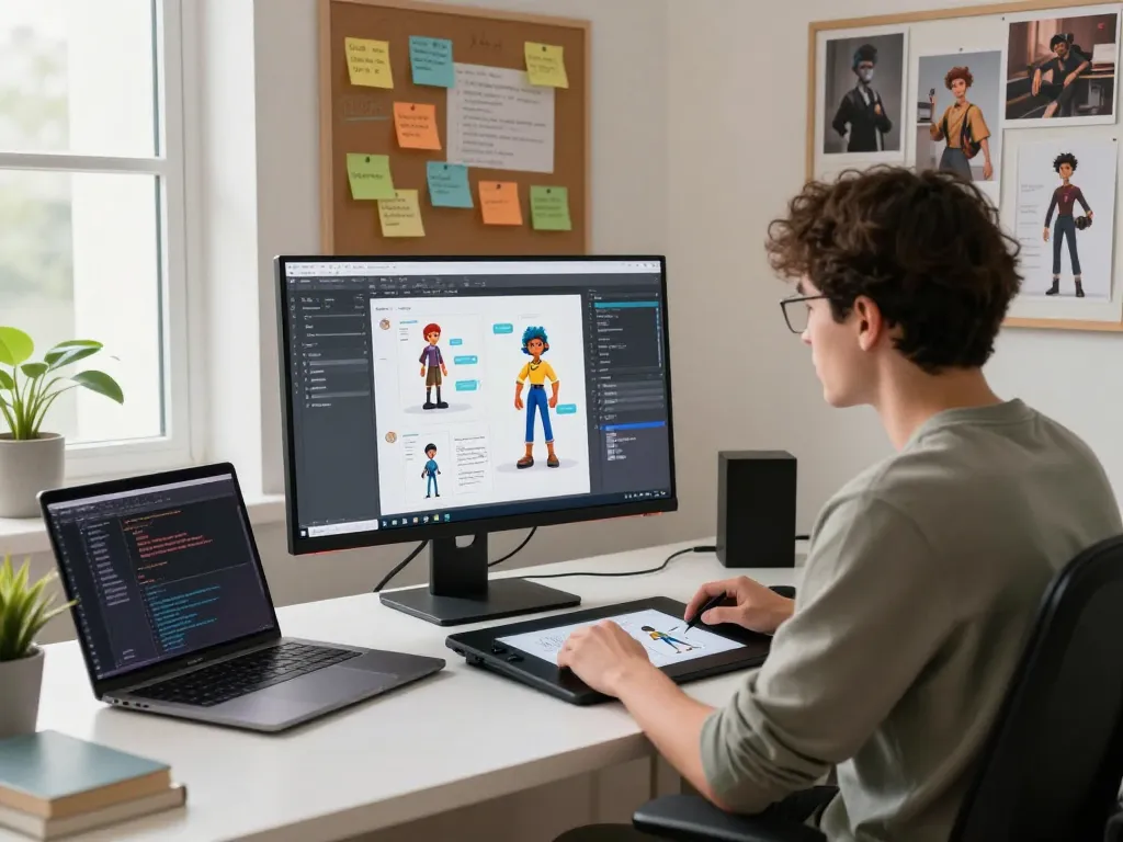 Creating characters digitally for crushonai in a modern workspace with AI interaction elements.