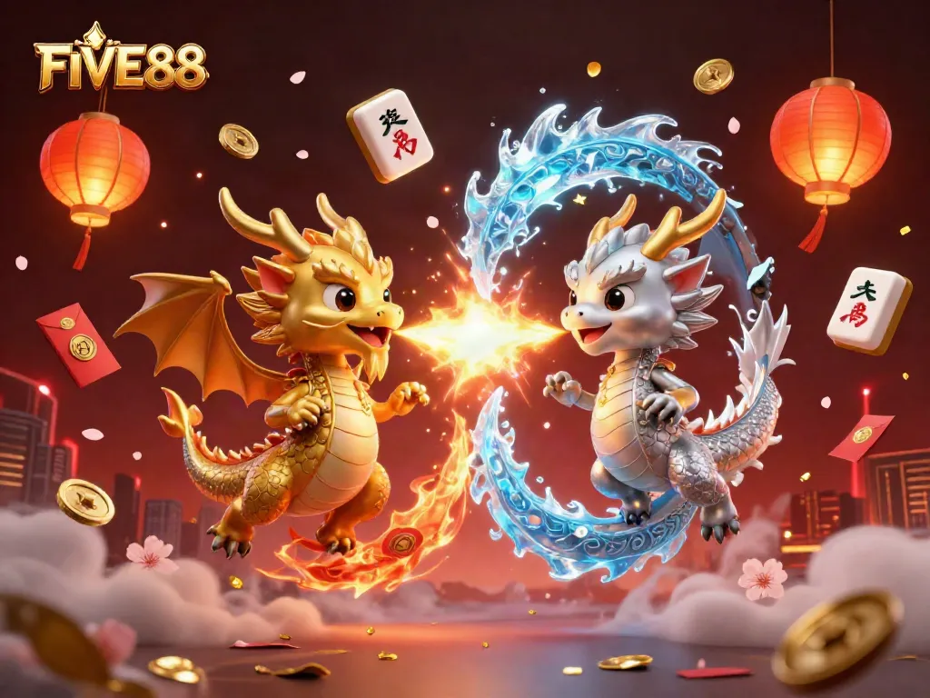 Experience the thrill of FIVE88 with dynamic dragons entwined in a vibrant casino-themed scene.