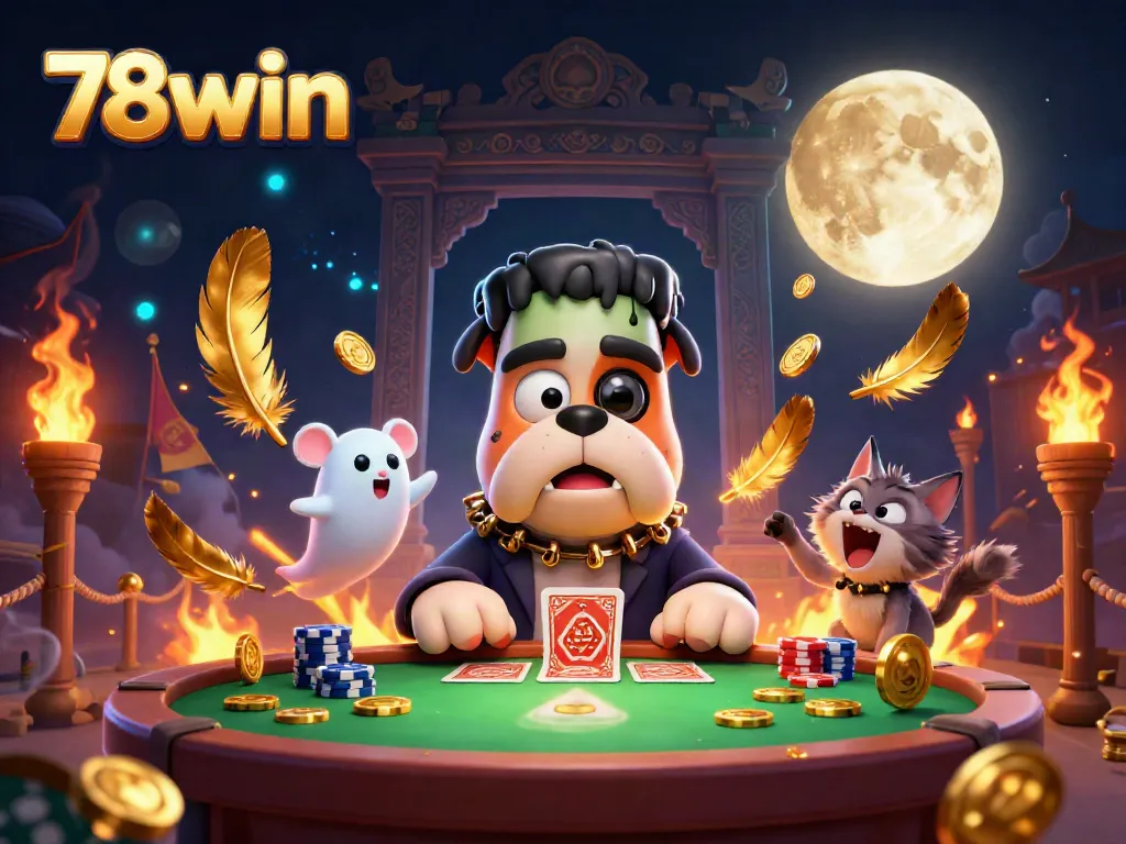 A spooky casino scene with the 78win brand featuring dynamic characters and thrilling elements.