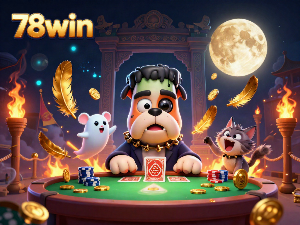 A spooky casino scene with the 78win brand featuring dynamic characters and thrilling elements.