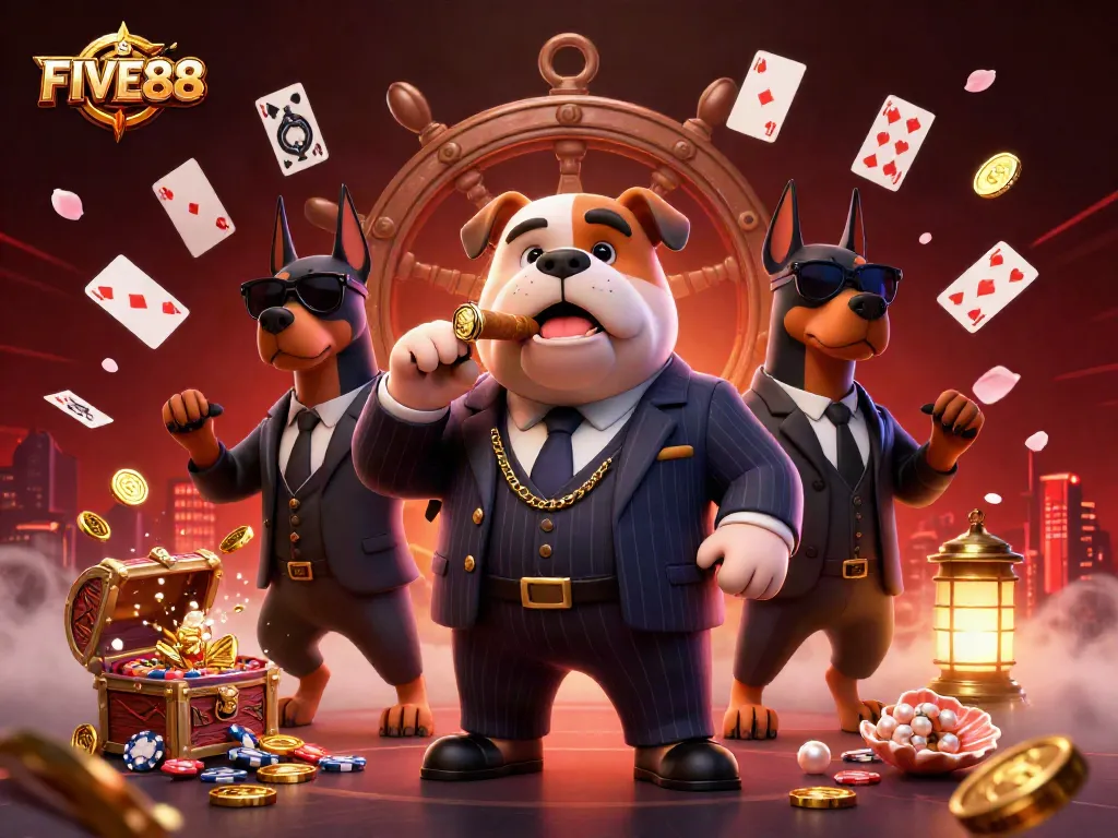 Immerse in the FIVE88 casino experience with vibrant playing cards, colorful chips, and a dynamic mafia-themed illustration showcasing action and energy.