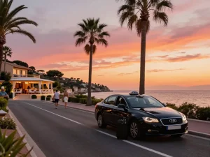 Taxis Saint Tropez attendant sur la route côtière pittoresque avec vue sur le coucher de soleil, mettant en avant le voyage de luxe