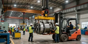 Machinery Movers lifting heavy equipment using cranes and forklifts in an industrial setting.