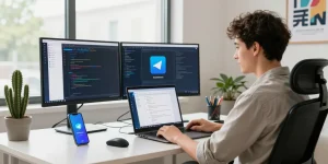 Experience seamless Telegram download in a modern tech workspace with multiple screens and vibrant natural light.