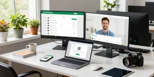 Engaged professional on WhatsApp網頁版 video call in a modern workspace.