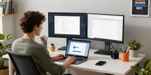 WPS Download displayed on a sleek laptop in a modern home office setup.