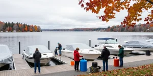 Boat winterization service preparing boats for winter at a lakeside marina.