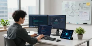 Developer coding on 快连 app in modern office with multiple screens and tech gadgets.