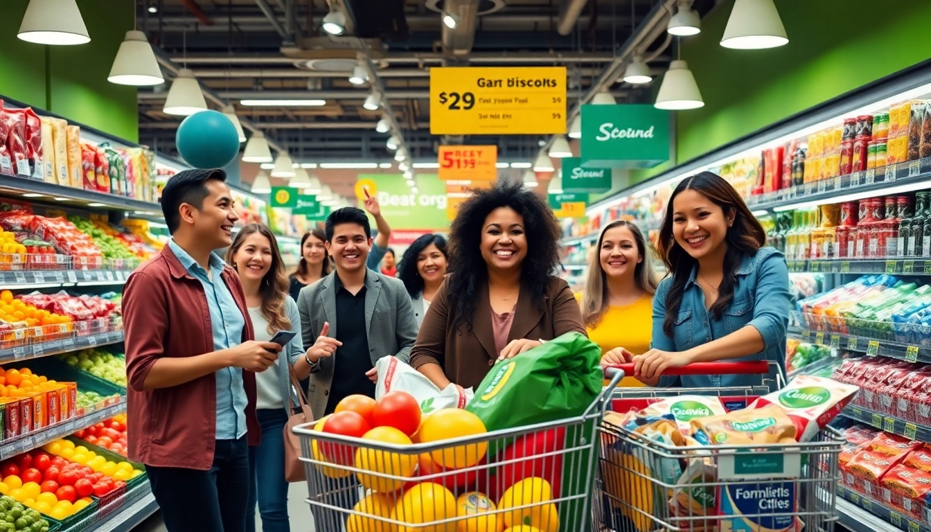 People actively enjoying shopping for Grocery Discounts in a vibrant grocery store. related image