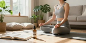 Ministry of Cannabis CBD oil bottle in serene yoga scene, promoting natural wellness and mindfulness.