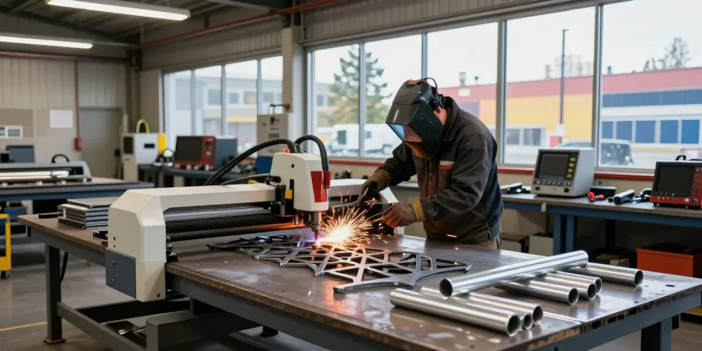 Craftsman performing metal fabrication in Vancouver, showcasing steel cutting and welding techniques.