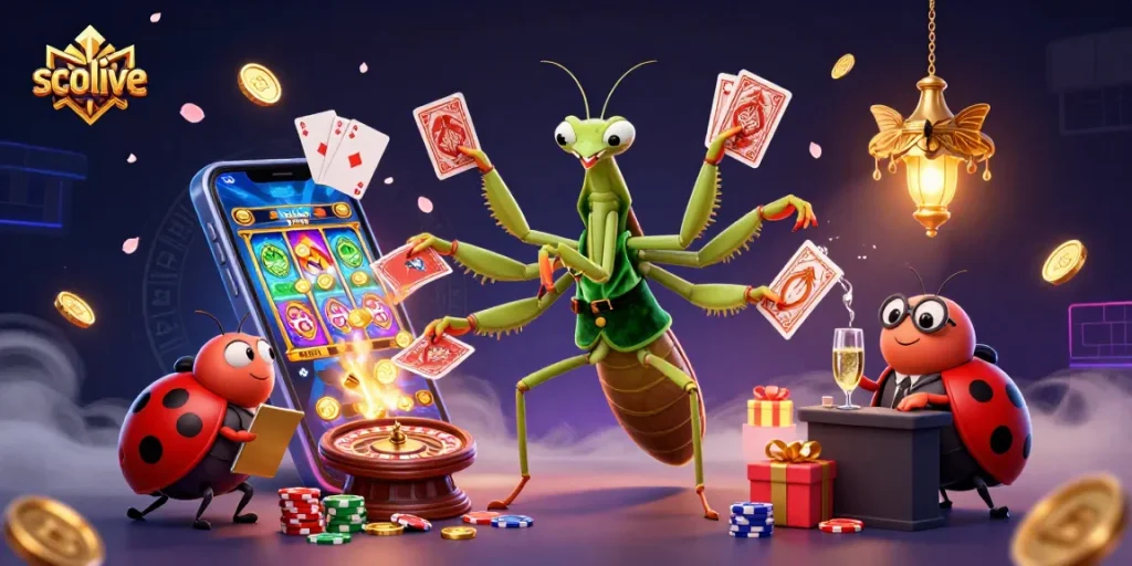 socolive engages players with vibrant, dynamic gambling scene of a mantis card sharp, ladybug pit boss, and animated slot game action