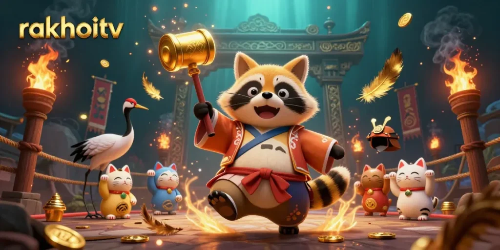Engage with rakhoitv's vibrant online gaming scene featuring cheerful characters amidst dynamic gambling elements.