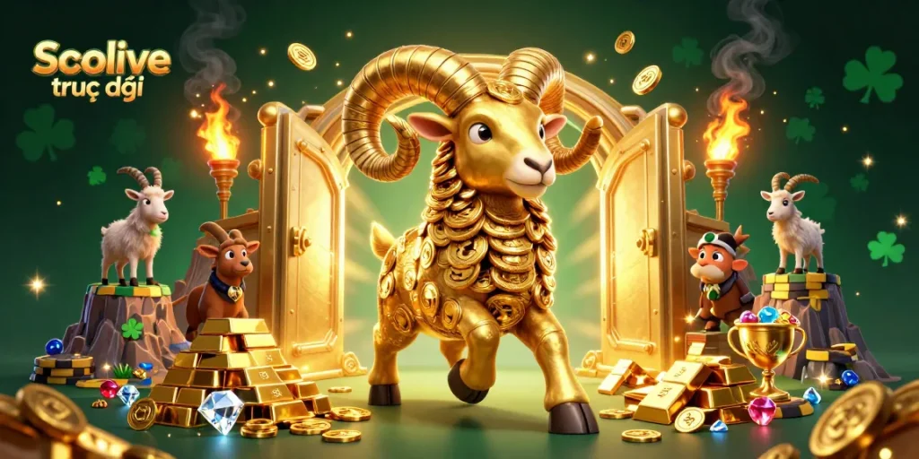 Experience Socolive trực tiếp with vibrant animation of a golden ram charging through treasures in a dazzling casino.