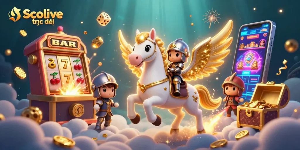 Experience Socolive trực tiếp with a vibrant casino-themed illustration showcasing a magical scene with a celestial horse and dynamic gaming elements.