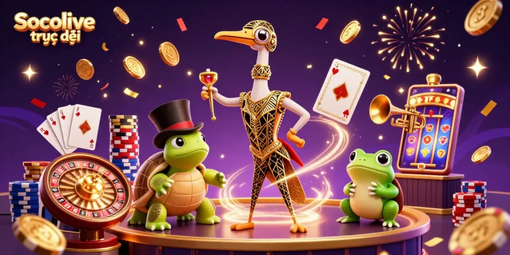 Socolive trực tiếp features an exciting 3D illustration of cartoon characters amidst cascading coins, engaging in a lively gambling scene.
