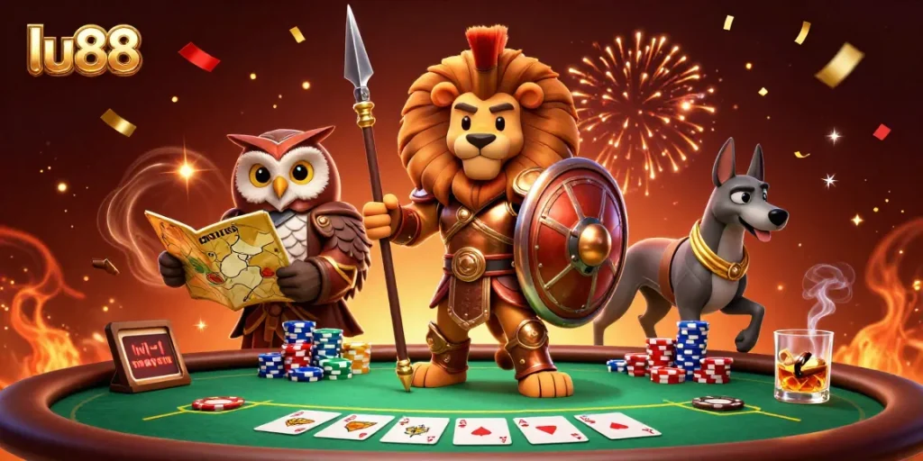 Experience thrilling action at lu88 with a heroic Spartan lion, tactical owl, and swift greyhound in a dynamic casino scene.