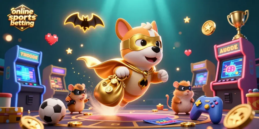 Engage in online sports betting with a heroic dog flying amidst vibrant casino elements and betting visuals.