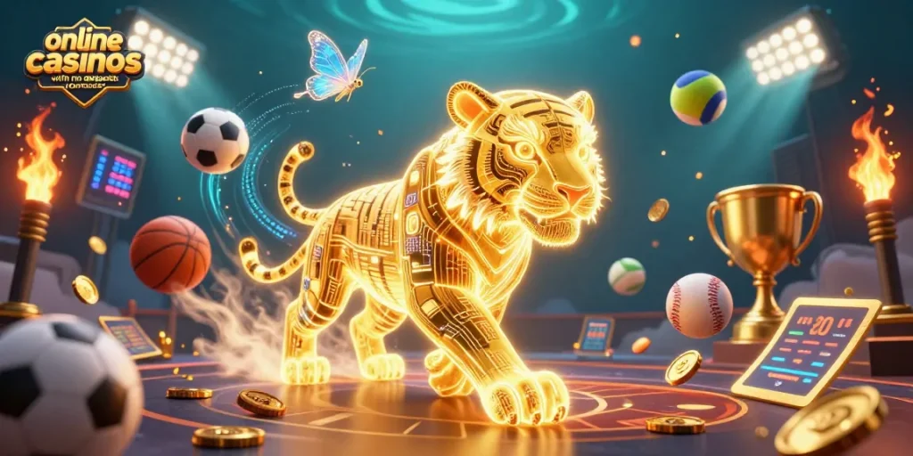 Experience online casinos with no deposit bonuses in a vibrant digital landscape with sports and casino elements.