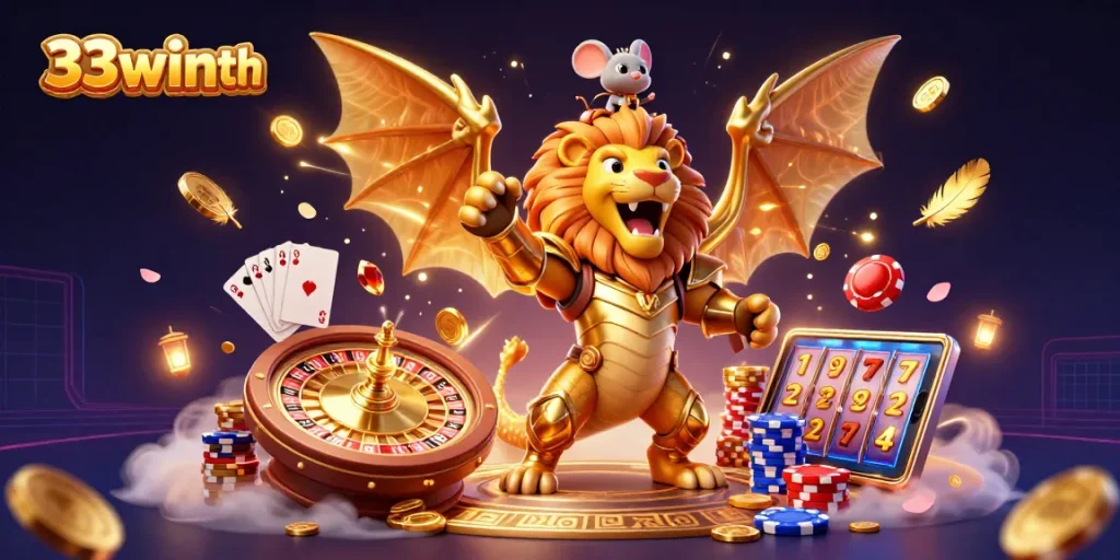 Engage with the excitement of 33winth, featuring a golden chimera celebrating gambling victory amidst cascading coins and gems.