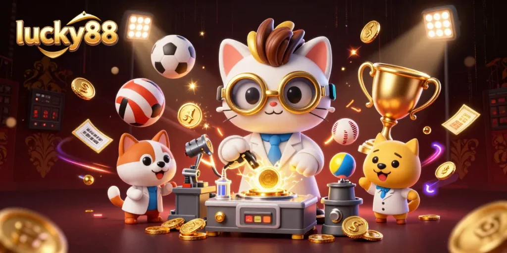 Experience the excitement of lucky88 with a mad scientist cat and assistant in a dynamic casino scene.